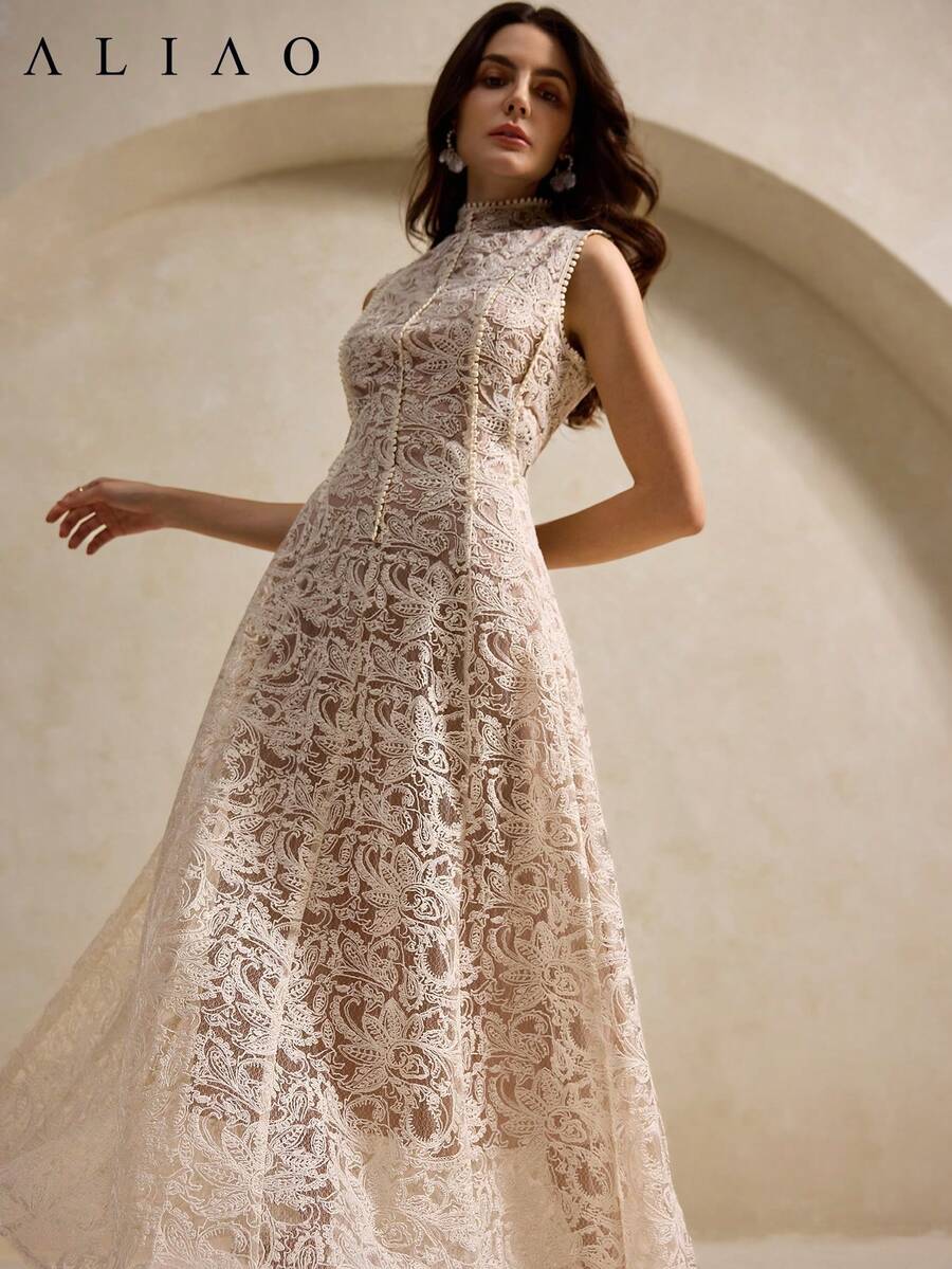 Aliao Elegant Paisley Embroidered Mesh Patchwork Sheer Dress, Suitable For Wedding Season, Valentine's Day, White Theme Parties, Retro & Vintage Style, Flattering For Daily Wear, Spring/Summer - Apricot - View 1