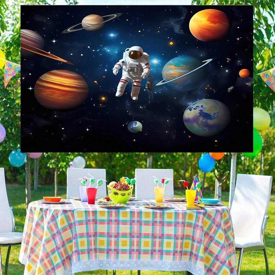 1 pieza Telón de fondo decorativo con tema de cohete y astronauta del espacio exterior, (210 x 150/180 x 135/150 x 100/100 x 70 cm) Decoración de fiesta de cumpleaños con planeta, galaxia y universo para mesa de pastel, fotografía y photobooth, suministros para fiestas - Multicolor - Ver 1