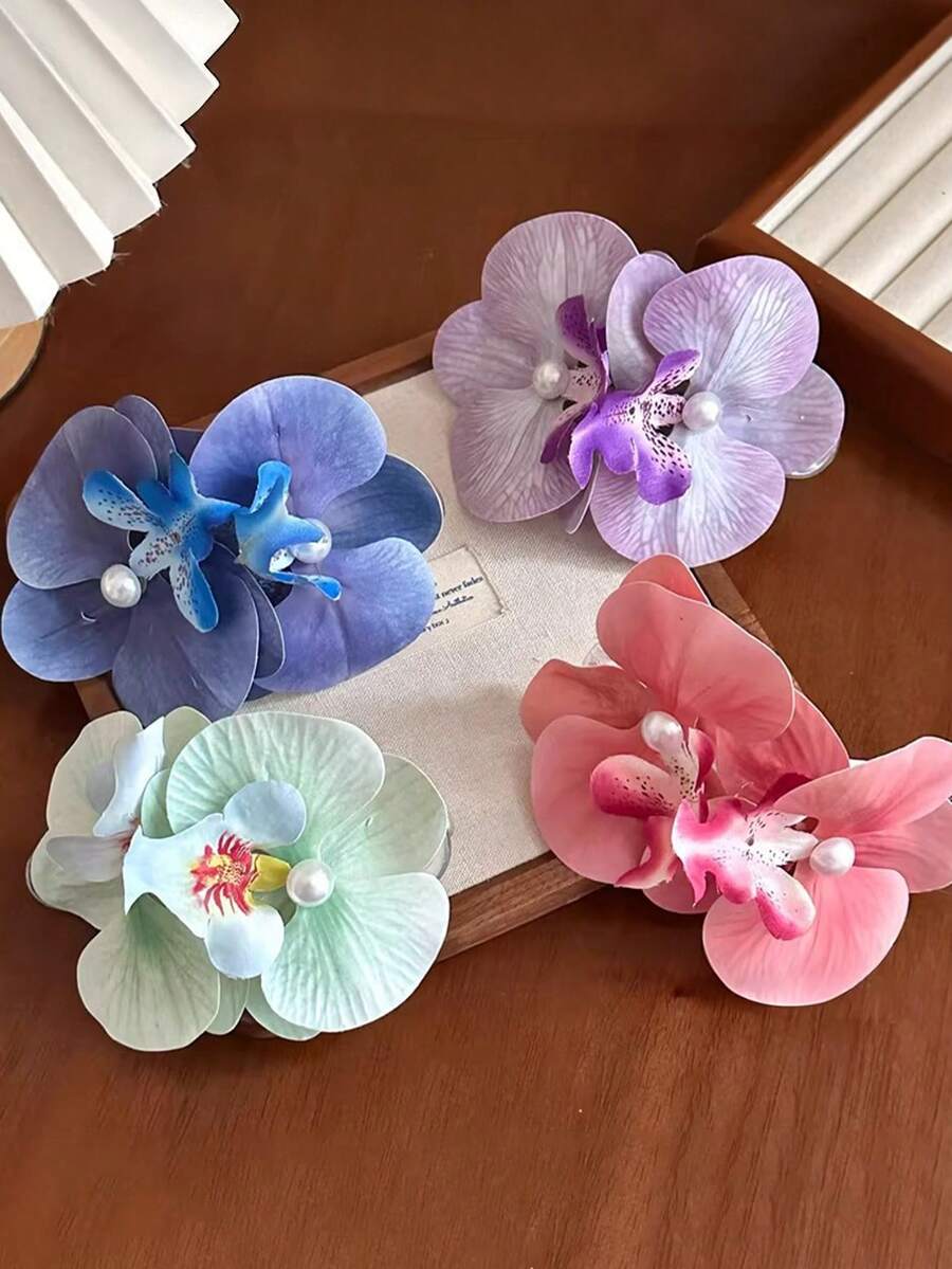 4件套 4.33英寸/11厘米 仿真花 仿真珍珠 兰花发夹，双花大号鳄鱼夹发饰，紫色、蓝色、绿色、粉色可选，适合度假、发型设计、马尾辫、发髻等场合，百搭、优雅、简约，纯色发爪，适合日常佩戴、休闲、通勤、发夹、发卡、头饰、弹簧发夹 - 彩色 - 查看 1
