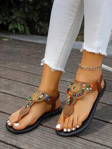 Women's Bohemian PU Leather Beaded Button Sandals, Slip-On Thong Casual Beach Vacation Shoes, Suitable For Spring/Summer Daily Wear - Brown - View 7
