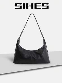 1 pieza Bolso de hombro de mujer de unicolor de piel de PU, bolso de axila en forma de media luna de moda, cierre con cremallera, diseño plisado, correa ajustable, adecuado para chicas, damas, estudiantes universitarias, jóvenes profesionales, oficina, escuela, trabajo, negocios, viajes, compras - Negro - Ver 2