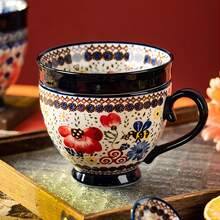 1个大号18盎司/510毫升波西米亚陶瓷早餐花杯，复古花卉图案，大容量茶杯，咖啡杯，适用于办公室和家庭，可放入洗碗机和微波炉，手绘彩色花朵 - 彩色 - 查看 5