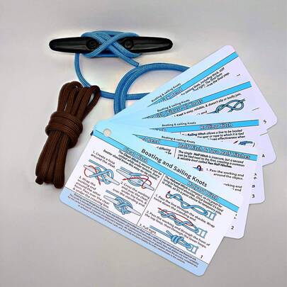 1 Set Kit de anudado náutico para navegantes y marineros, 5 tarjetas de nudos con 1 clip organizador, 1 cornamusa, 2 piezas de cordaje - Incluye 20 nudos comunes de navegación y vela, kit de práctica de nudos náuticos, libro de instrucciones de nudos resistente al agua, regalo para navegantes y marineros