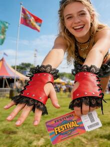 2PCS Women PU Leather Punk Gloves Rivets Belt Up Or Snap Half Finger Performance Mittens - A - View 2