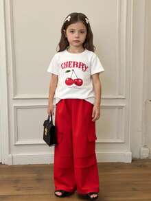 2件套 女童情人节可爱樱桃字母印花短袖圆领上衣+假口袋休闲工装裤套装，夏季