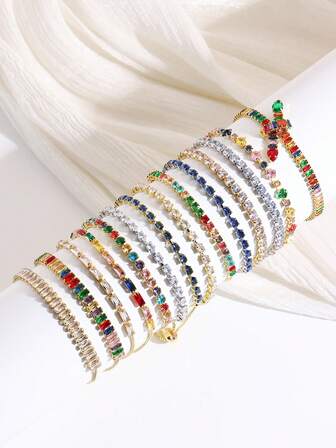 14 piezas Pulsera de lujo con zirconia colorida y brillante, adecuada para uso diario, festivales y fiestas
