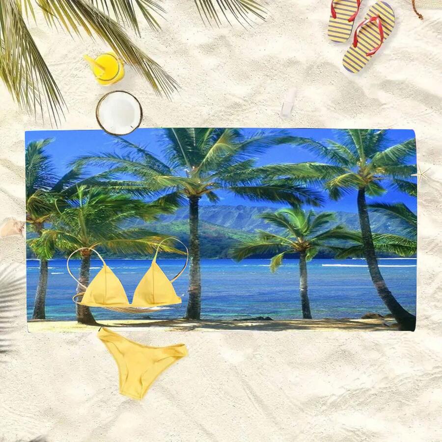 1pc Modern Quick-Dry Hawaiian Beach Towel,% Polyester, Absorbent, Lightweight & Soft, 250gsm, Woven Oblong Beach Blanket Travel, Fitness, Camping, Summer Vacation - Beach & Bathroom Essentials - White - View 1