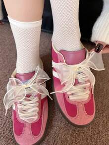 2条欧根纱蕾丝鞋带，透明芭蕾舞风格帆布鞋带，DIY甜美学院风珍珠鞋饰（不含鞋子） - 米色 - 查看 8