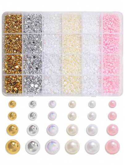 4500 chiếc/hộp Hạt ngọc trai giả hình bán nguyệt dẹt dùng trang trí móng tay, nhiều kích cỡ và màu sắc (Trắng, Vàng, Bạc, Be), Phụ kiện tự làm móng, Đóng gói số lượng lớn, Vật tư làm móng