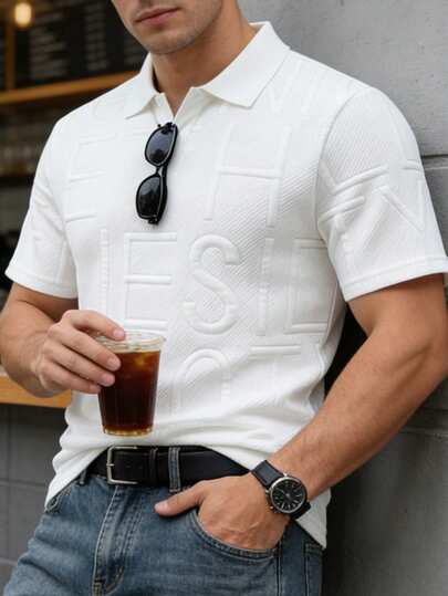 男士夏季提花纹理白色Polo衫，送给男友或老公的时尚礼物，适合日常通勤、旅行、度假和外出，休闲简约风格，都市成熟风格，英伦绅士风格