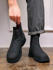 Men's Boots, Thick Sole Round Toe Pull-On Boots, Retro British Mid-Top Boots, Business Casual Daily Motorcycle Riding Boots, Men's Shoes - Gray-black - View 6