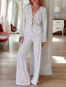 2pcs Elegant Casual Heart Print Drawstring Long Sleeve Pajama Set - White - View 4