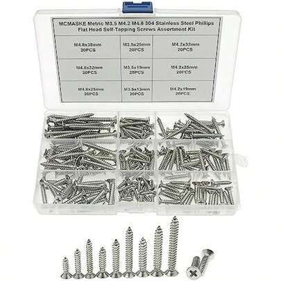 Juego de surtido de tornillos autorroscantes  de cabeza plana de acero inoxidable 304 métrico M3.5 M4.2 M4.8; Tornillos de punta autorroscantes para chapa metálica