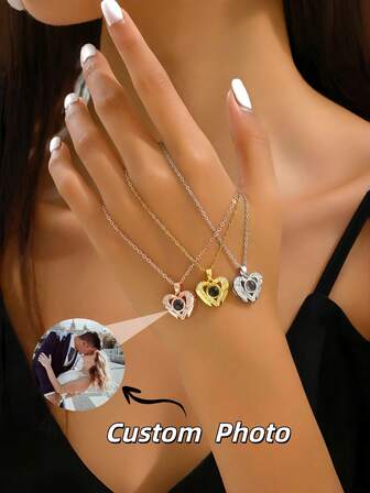 1pc Customized Photo Projection Necklace, Personalized Heart-Shaped Photo Projection Necklace With Rhinestones For Women, Outdoor Sports Women's Photo Necklace, Custom Partner Projection Necklace, Couples Necklace, Customized Projection Necklace, Memorial Photo Jewelry