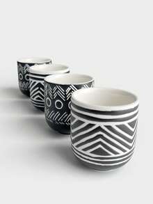 4pcs Black & White Geometric Pattern Ceramic Mini Coffee Cups Set, Small Capacity Espresso Cups, Cappuccino Cups, Tea Cups, Beverage Cups With Wooden Coasters, Ideal For Home, Office, Parties, Gifts - Black - View 7