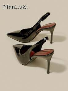 Women's Black Patent Leather Pointed Toe Kitten Heel Pumps, Elegant Formal Dress Shoes With Buckle, Elastic Back Strap, Fashion Party Heels