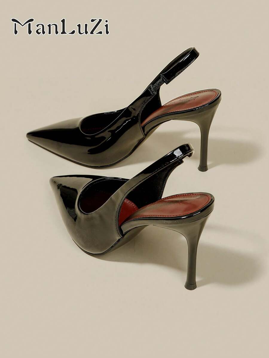 Women's Black Patent Leather Pointed Toe Kitten Heel Pumps, Elegant Formal Dress Shoes With Buckle, Elastic Back Strap, Fashion Party Heels