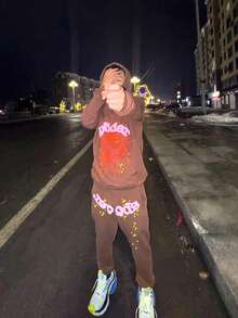 Man Sweatshirts Winter Outfits Men Men's Hip Hop Letter Printed Harajuku Retro Hoodie Long Sleeve Pants Set Joint Set For Men And Women 2PC Hooded Sweatshirt Pullover - 棕色套裝 - 查看 2