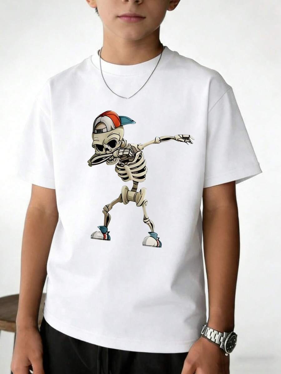 Tween Boy Skeleton Pose Print Short Sleeve T-Shirt, Quality Youth Apparel With Unique Design - White - View 1