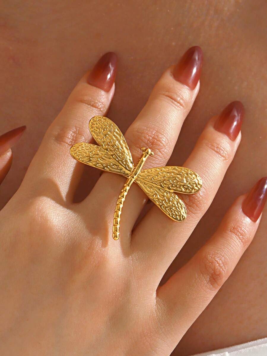 1pc Stainless Steel Unique Dragonfly Open Ring, Suitable For Women Traveling And Vacation Wear - Multicolor - View 1