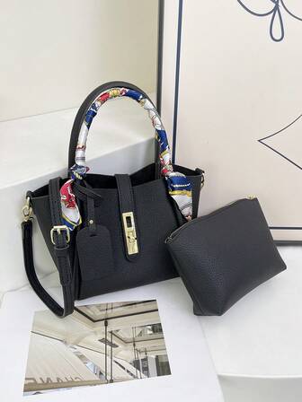 Set de 2 bolsos de textura de lichi de moda, incluye bolso de mano y bolso de hombro, con decoración de pañuelo elegante, adecuado para mujeres y niñas para el trabajo, las compras y el uso diario
