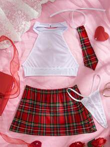 Conjunto de Presente Surpresa do Dia dos Namorados com 4 Peças, Conjunto de Lingerie Sexy Feminina com Top Sem Mangas com Gravata no Pescoço e Colarinho, Saia Mini Xadrez com Fenda, Tanga Monocromática, Roupa Íntima Confortável para Sedução, Traje de Festa de Carnaval - Vermelho - Visão 3