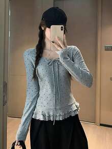 女士波点荷叶边长袖T恤，秋冬季款，蝴蝶结系带设计，修身圆领套头衫 - 灰色 - 查看 2