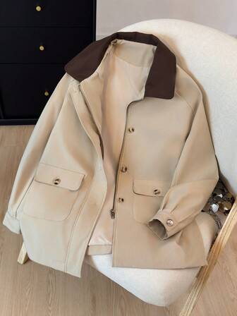 Chaqueta cortavientos de mujer para otoño/invierno, estilo casual de moda utilitaria, diseño de cuello de parche, de una sola hilera, forrada, versátil para uso diario