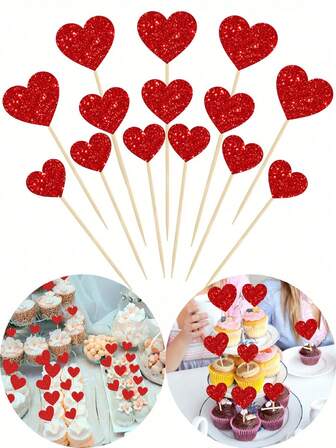 14 st - Hjärtformade muffinstoppare, röda glitter, söta hjärtan, muffinsplockar, dekorationer, alla hjärtans dag, tårtdekorationer för bröllop, förlovning, brud/brudtärna, födelsedagsfest, tårtdekorationstillbehör, alla hjärtans dag-dekoration, alla hjärtans dag-dekorationer, stort hjärta, alla hjärtans dag-dekor; röda hjärtan, muffinstoppare