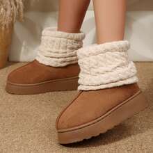 Short Knit Cuff Snow Boots Faux Furry Boot Upper Platform Sole Warm Lining Warm Boots Shoes Snow Boots Ankle Boots Outdoor Winter Boots For Women - 棕色 - 查看 4