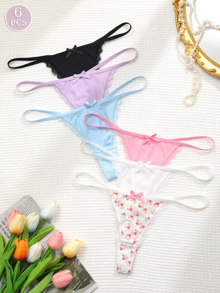 6条装舒适纯色/碎花印花女士丁字裤 - 彩色 - 查看 1