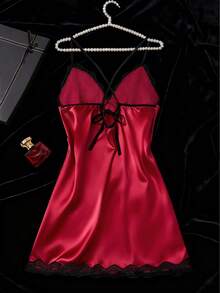 Valentine's Day Gift Women's Solid Color Sexy Lingerie Nightgown - Lace Trimmed Back Crossover Design, High Slit V-Neck Sleep Dress Pajamas Set - Burgundy - View 3