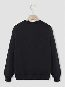 Felpa da ragazzo, in cotone, con numero 67 in paillettes nere, collo tondo casual, spalle cadenti, versatile per autunno/inverno, tessuto spesso, fodera in pile caldo, collo tondo, vestibilità morbida, comoda maglietta a maniche lunghe per bambini - nero - Visualizzare 2