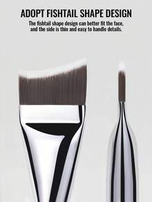 1pc Crescent Moon Shaped Ultra-Thin Foundation Brush, Seamless Face Makeup Brush With Scraper Handle Design, Easy To Clean Hygienic Fiber Suitable For Daily Cosmetics, Face Mask Application - Silver - View 2