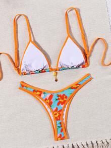 Floral & Leaf Print Backless Tie-Back Elegant Bikini, Suitable For Vacation & Beach, Spring/Summer - Multicolor - View 2