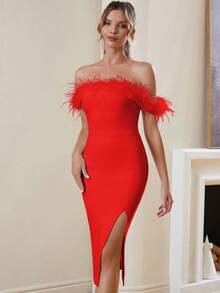 Off-Shoulder Slit Bodycon Bandage Dress With Frayed Trim, Suitable For Cocktail Parties - Red - View 2