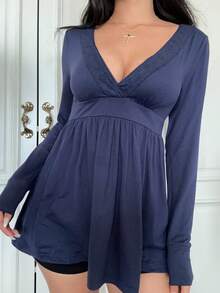 Y2K 阳光女孩风格女士V领性感修身针织长袖上衣，休闲百搭，适合夏季约会和居家穿着。 - 藏蓝色 - 查看 9