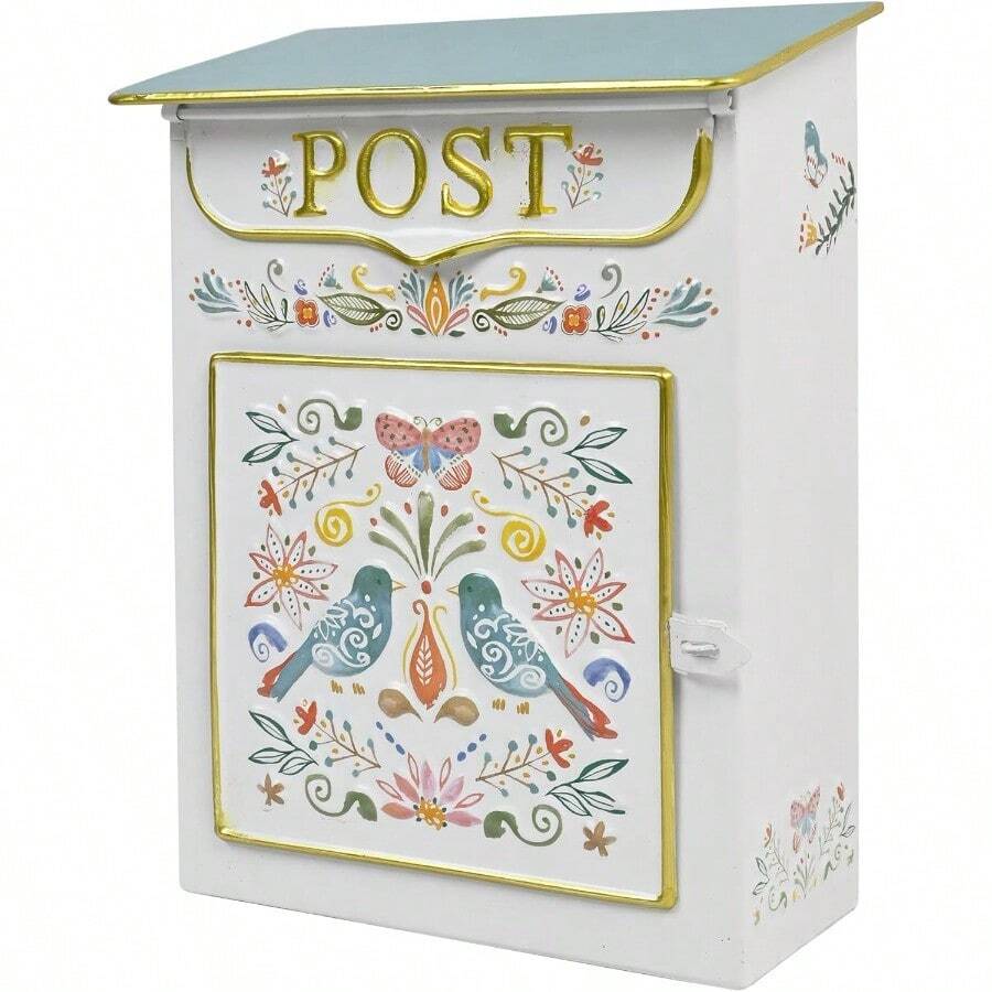 Mailbox Wall Mount Mailboxes For Outside Vintage Mail Boxes For House Outside Metal Drop Box Antique Style Nostalgic Charm Home Decorative Flower Pattern - FlowerWhite - View 1