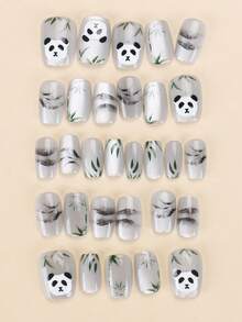 30pcs Nail Stickers, Short Square/Chinese Style Panda Pearl Print Nail Stickers, Enhance Elegance, Includes Jelly Gel And Adhesive Strips, Suitable For Layering, Reusable, Everyday Wear Nails Nail Supplies - Multicolor - View 4