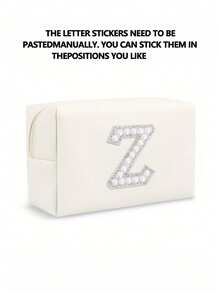 1个女士八角形化妆包，PU字母化妆包，便携式雪尼尔字母拉链化妆包，字母贴片PU皮革防水旅行洗漱包，字母组合化妆包（A~Z），拉链洗漱收纳包，沙滩包，度假收纳包，旅行必备收纳包，耐用便携式化妆包，行李整理包，母亲节礼物，时尚耐用 - 白色+珍珠字母 A-Z - 查看 26