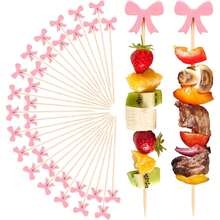 10/50/100pcs Pink Bow Cocktail Picks, 4.72" Long Bamboo Toothpicks With Elegant Bow - Sturdy Smooth Party Appetizer Skewers For Fruit, Desserts, Charcuterie Boards - Decorative Dining Utensils, Easter Valentine's Day Bamboo Sticks - Pink - View 1