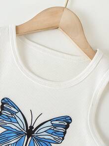 2件套 女童户外休闲可爱阳光甜美简约蝴蝶印花白色罗纹无袖上衣和时尚做旧直筒阔腿牛仔裤套装 - 藍白色 - 查看 3