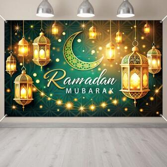 1 st Ramadan Mubarak-banderoll, polyester, mångsidig festdekoration, Eid Al Fitr-väggbonad, ingen el behövs, för inomhus- och utomhusbruk