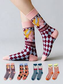 1/4 Pair Retro Oil Painting Pattern Mid-Calf Socks, Cartoon Design Socks, Versatile & Comfortable All Season Casual Socks For Women