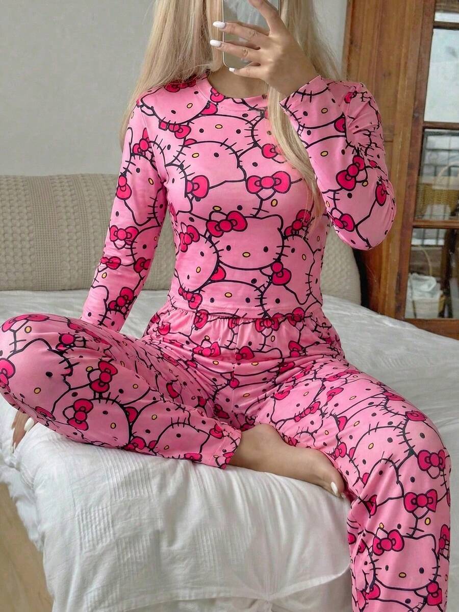SANRIO 2pcs HELLO KITTY Women Pajama Set, Long Sleeve Top And Pants, Fashionable Vibrant Pink Color, Suitable For Spring And Autumn - Hot Pink - View 1
