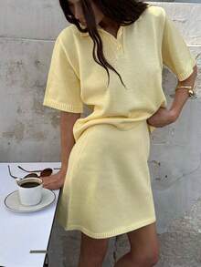Ensemble top à manches courtes et mini-jupe tricotés minimalistes de style européen et américain à la mode VIBEWAVE pour le printemps/été - Jaune citron - Voir 3