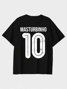 Áo thun 100% cotton màu đen, in hình số 10 và chữ "MASTURBINHO" theo phong cách cổ điển, mềm mại và thoải mái cho mùa xuân/hè, đa năng cho cả mặc hàng ngày và đi nghỉ mát. - màu đen - Xem 5