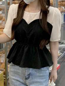 Women's Fashion Puff Sleeve 2 In 1 Shirt Set - Black - View 1