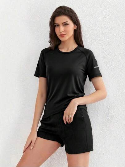 Women's Sports Short Sleeve T-Shirt, Elastic, Breathable Fitness Top With Reflective Print, Suitable For Running, Training, Yoga, Summer