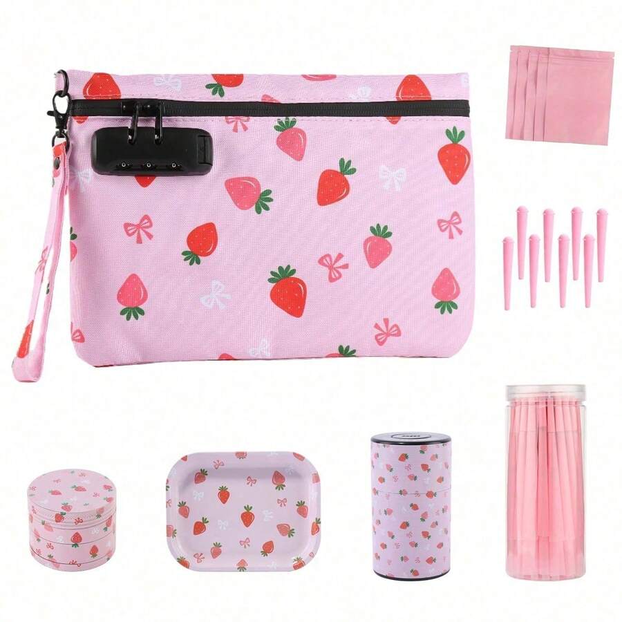 OFFPUFF 68 Pieces Pink Strawberry Smell Proof Pouch Bag With Combination Lock Pre-Rolled Cones Metal Grinder Rolling Tray Mylar Bag StorageTube Kits - Quả dâu - Xem 1